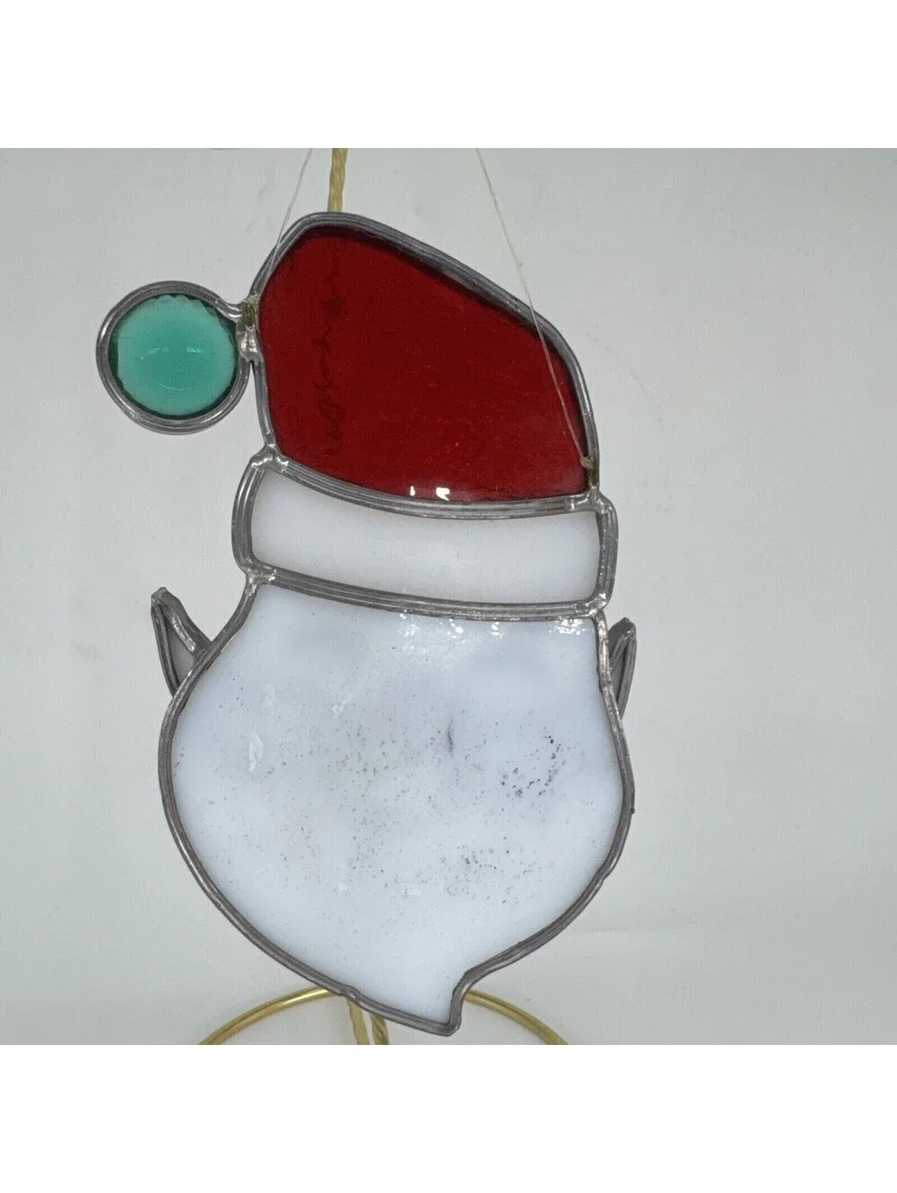 2 Vintage Handmade Stained Glass Suncatcher Ornaments Santa Candle Lantern Bow